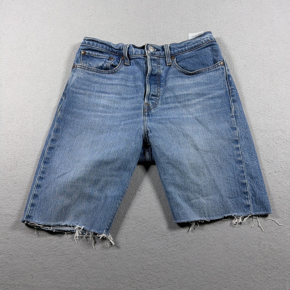 Levis Premium Shorts Women 30 Blue Denim Bermuda Cutoff Frayed Hem Stretch